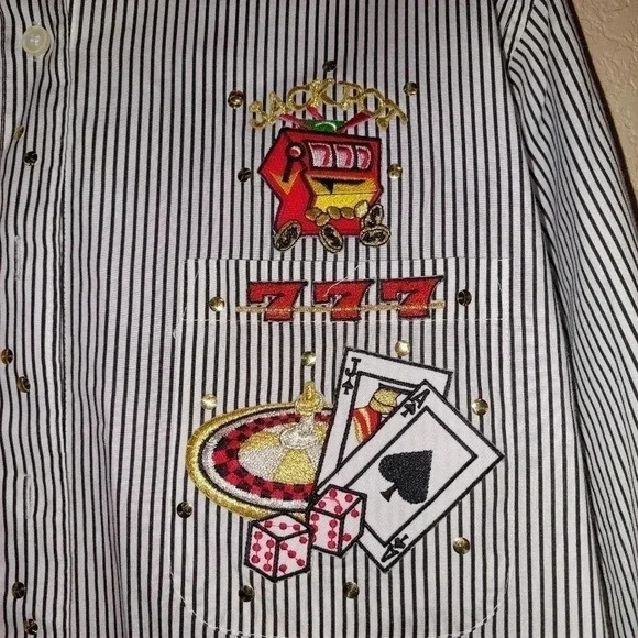 Las Olas Woman's Black Striped Gambling themed Shirt Size Medium - Picture 6 of 9